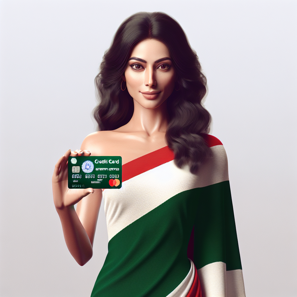 A South Asian woman standing confidently while holding a credit card in the colors of West Bengal (green, white, and red), symbolizing empowerment and financial inclusion.