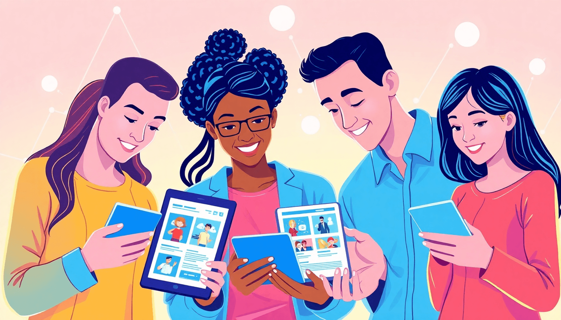 A lively illustration of a group of people interacting with digital devices, displaying personalized content against a bright, modern background symbolizing innovation.