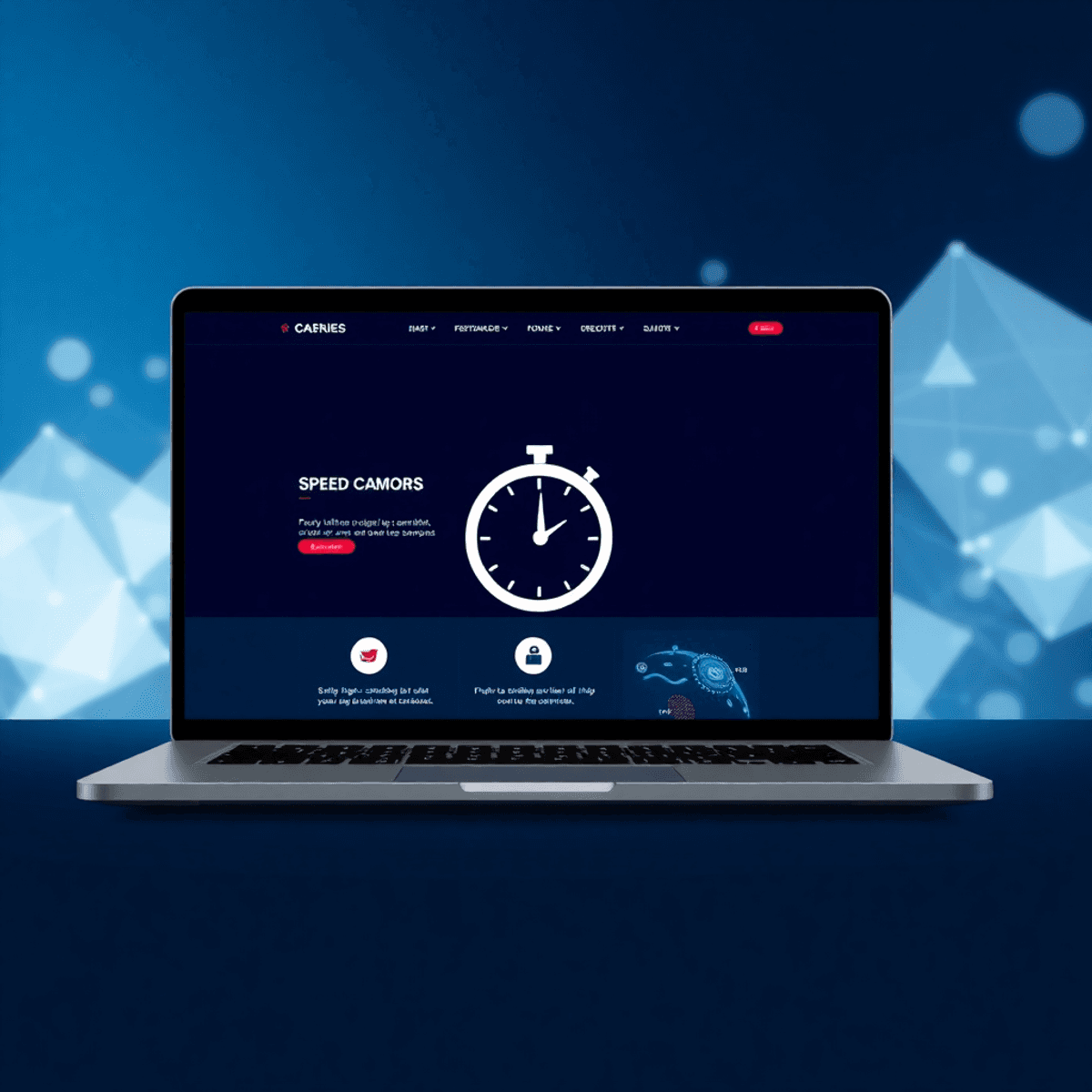 A laptop screen shows a modern website interface with a stopwatch icon, surrounded by abstract shapes symbolizing digital connectivity and speed.