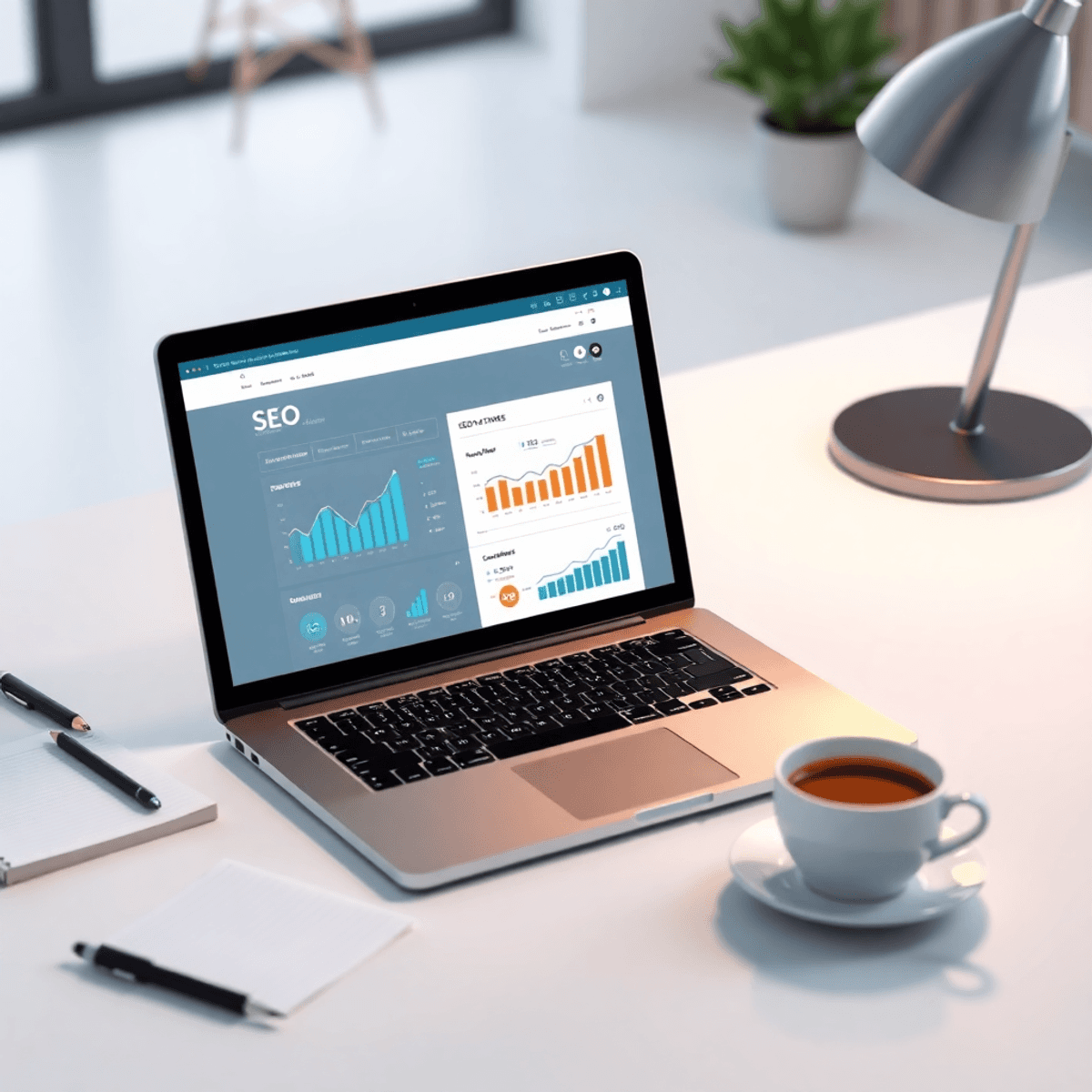 A modern workspace with a laptop showing SEO analytics, notepads, and a coffee cup, representing digital marketing and on-page SEO optimization.