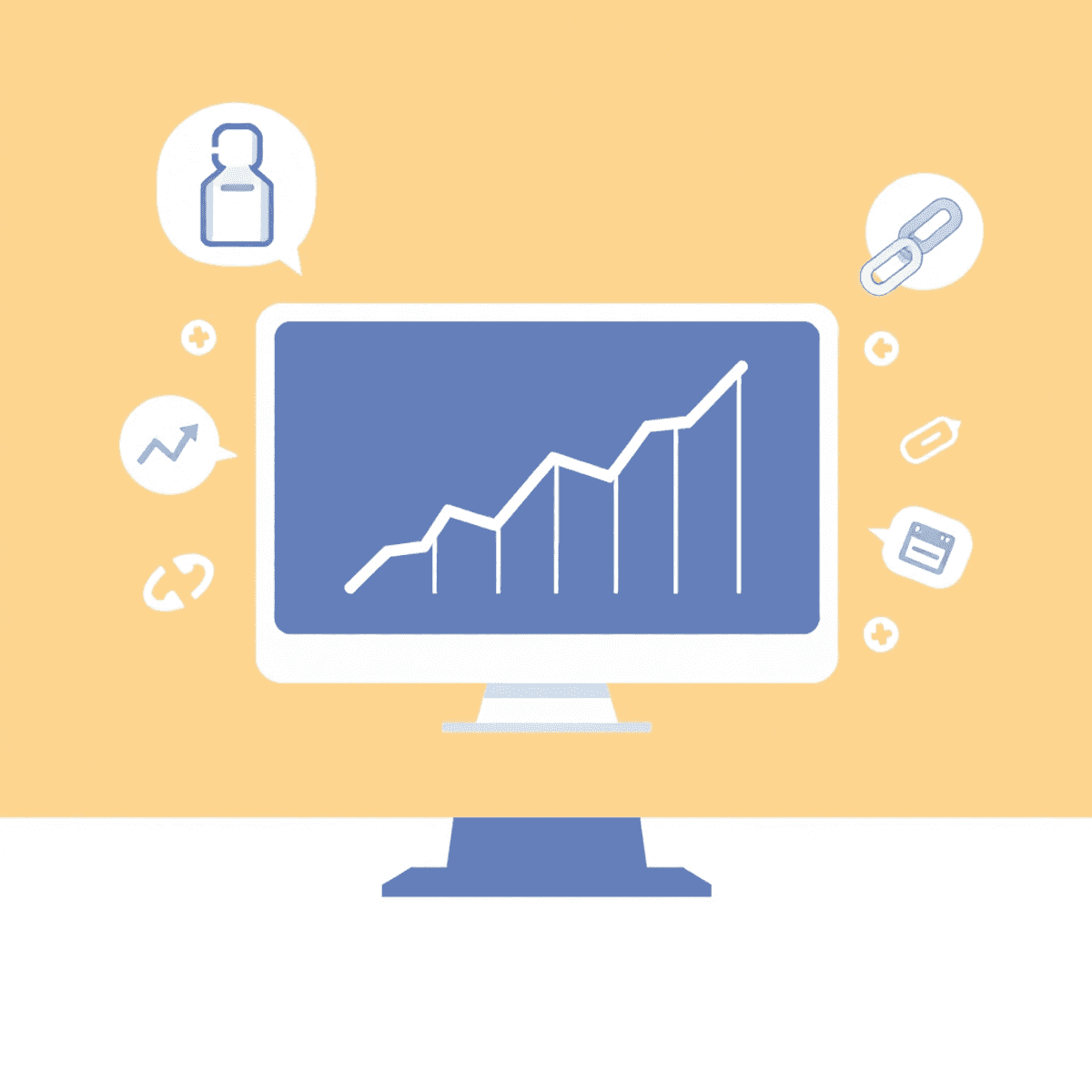 A minimalistic illustration of a computer screen showing an upward trending graph, surrounded by chain icons, set against a bright background symbolizing growth.