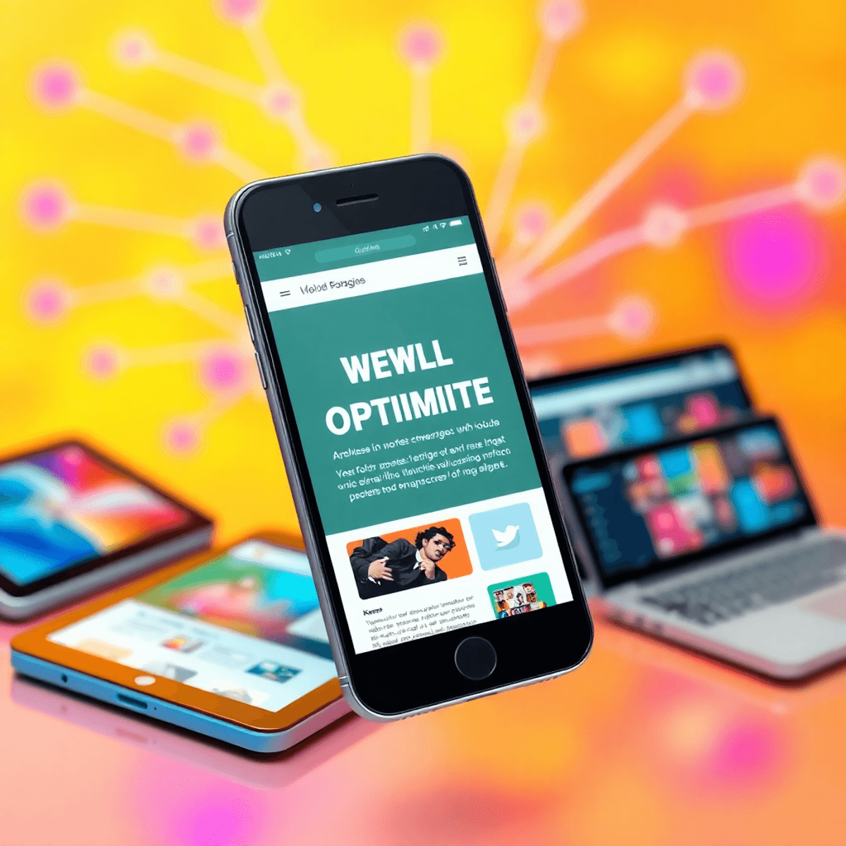 A smartphone showing a responsive website, surrounded by tablets and laptops, against a colorful background representing connectivity and digital engagement.