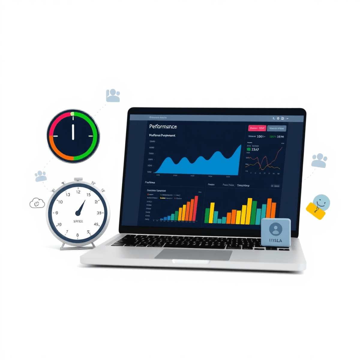 A modern laptop shows a vibrant website performance dashboard with graphs and metrics, accompanied by speed symbols and user icons on a clean background.