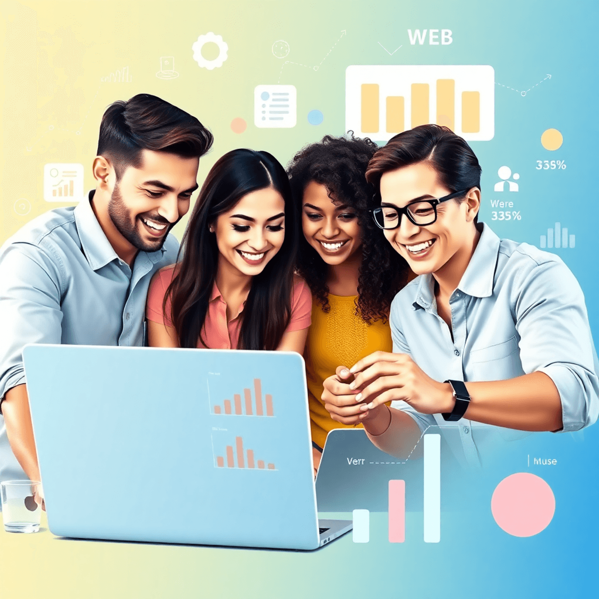 A diverse group of people collaborating around a laptop, analyzing website performance metrics, with visuals of happy users and web analytics in the background.