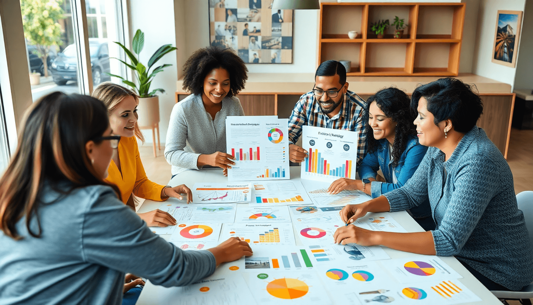 A diverse group of people collaborating around a table filled with colorful marketing materials, showcasing inclusive strategies in a welcoming and creative setting.