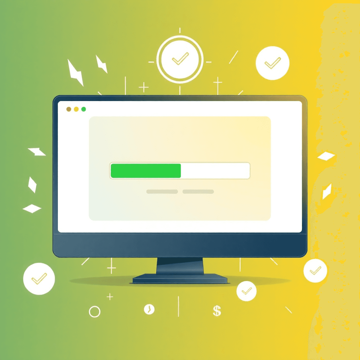 A digital illustration of a computer screen showing a fast-loading website, with a quickly completing loading bar and symbols of speed like lightning bolts and checkmarks.
