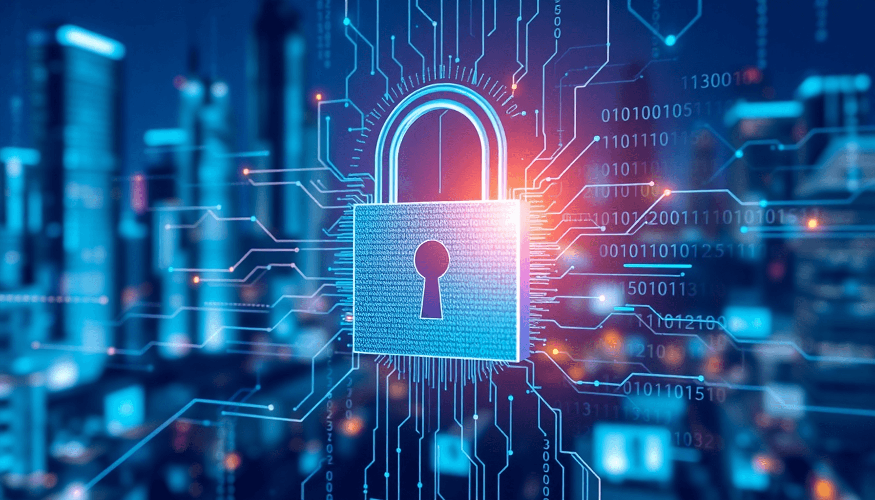 A digital lock surrounded by abstract data streams and binary code, set against a blurred cityscape, emphasizing the importance of data privacy.