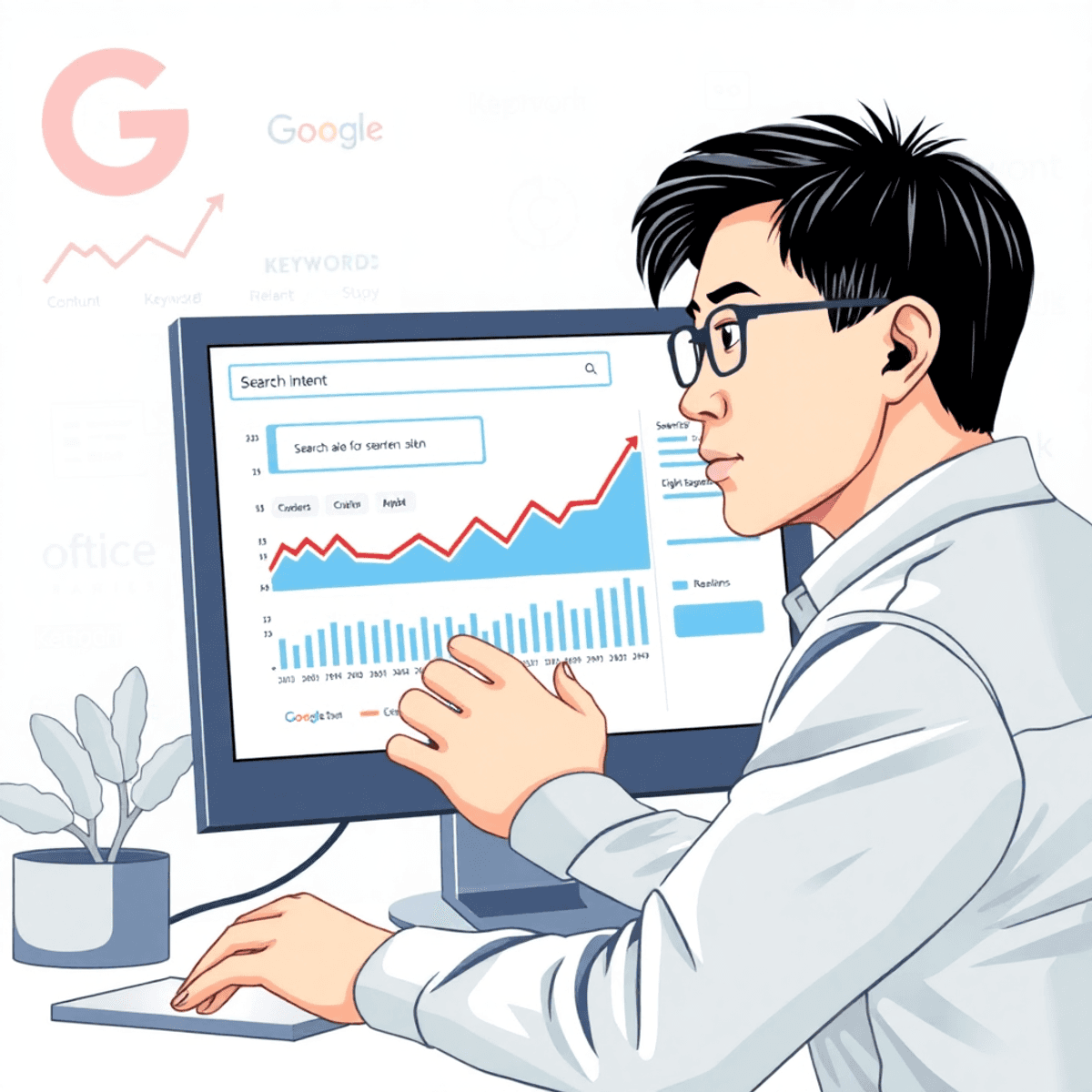 A person analyzing search data on a computer screen, surrounded by graphs and keywords, focused on understanding search intent in a digital marketing-themed setting.