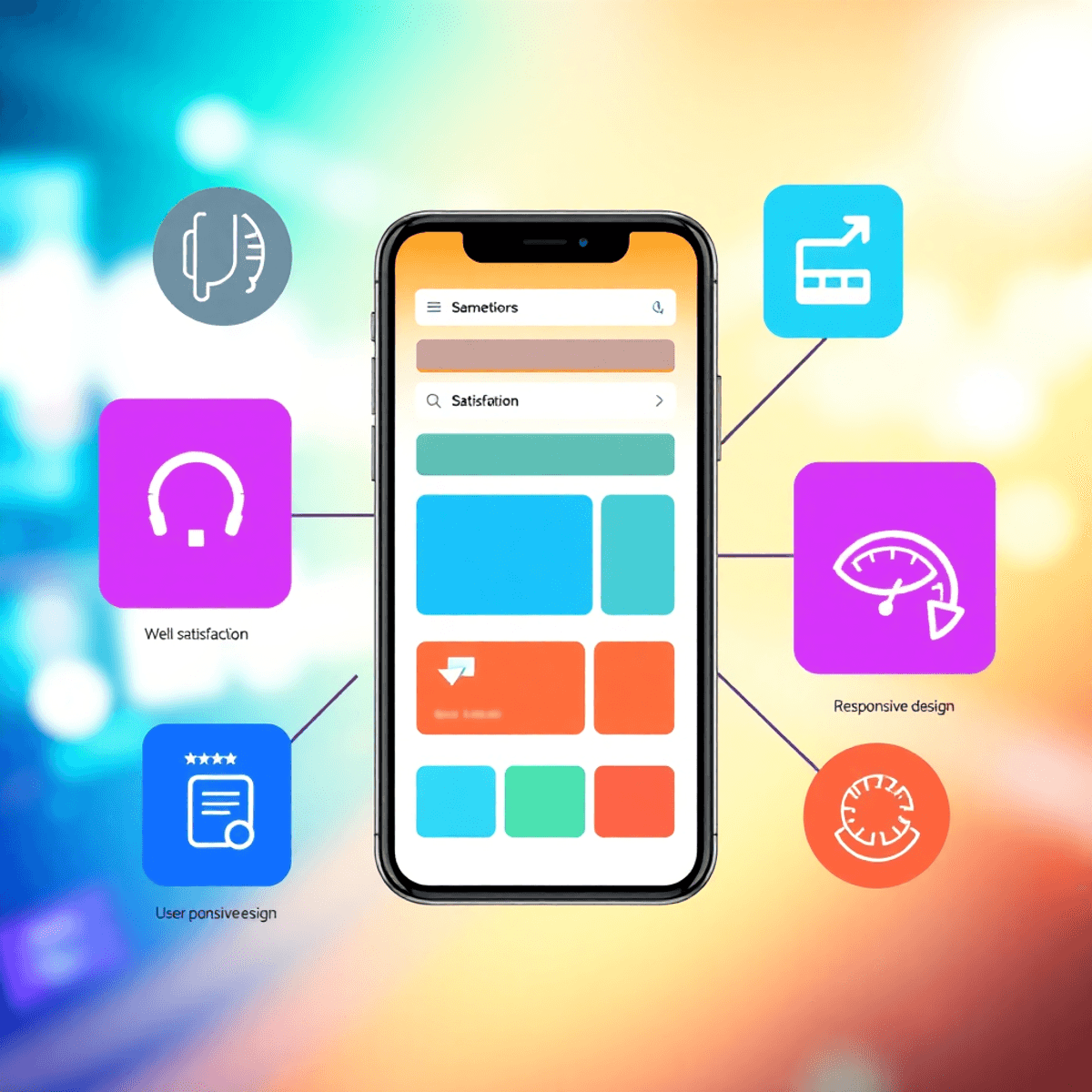 A smartphone shows a sleek website, surrounded by icons for user satisfaction, speed, and responsive design, set against a bright, modern digital background.