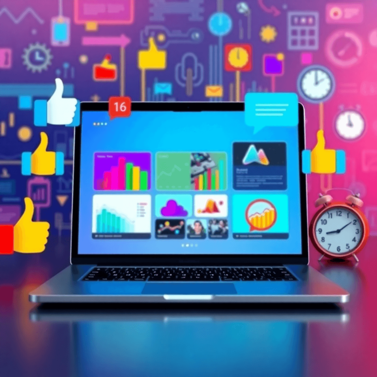 A digital workspace with a laptop showing colorful infographics and videos, surrounded by engagement symbols like thumbs up and chat bubbles, set against abstract tech elements.