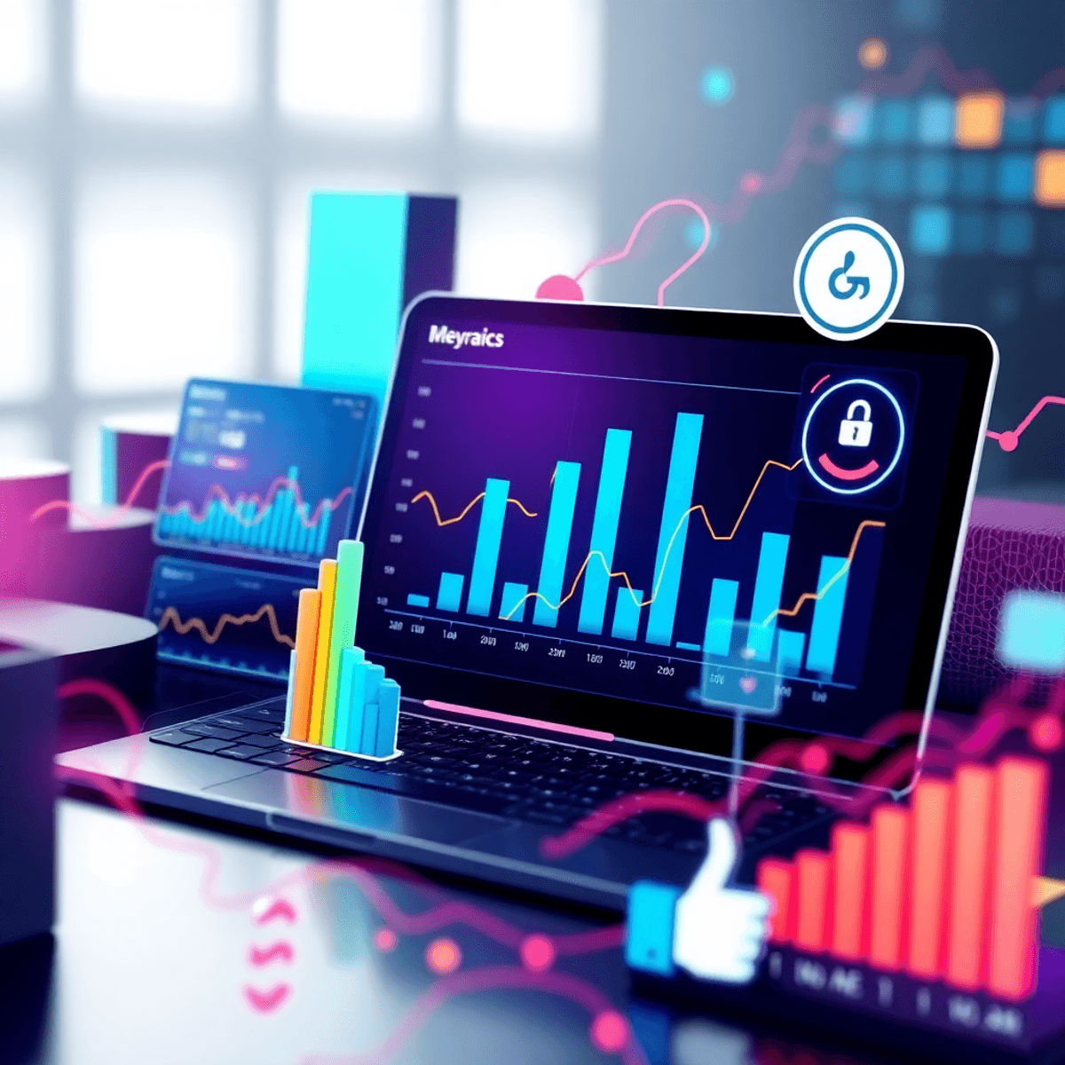A vibrant digital landscape showcasing abstract graphs and charts for website performance, complemented by user experience symbols like a thumbs-up icon, on a sleek tech background.