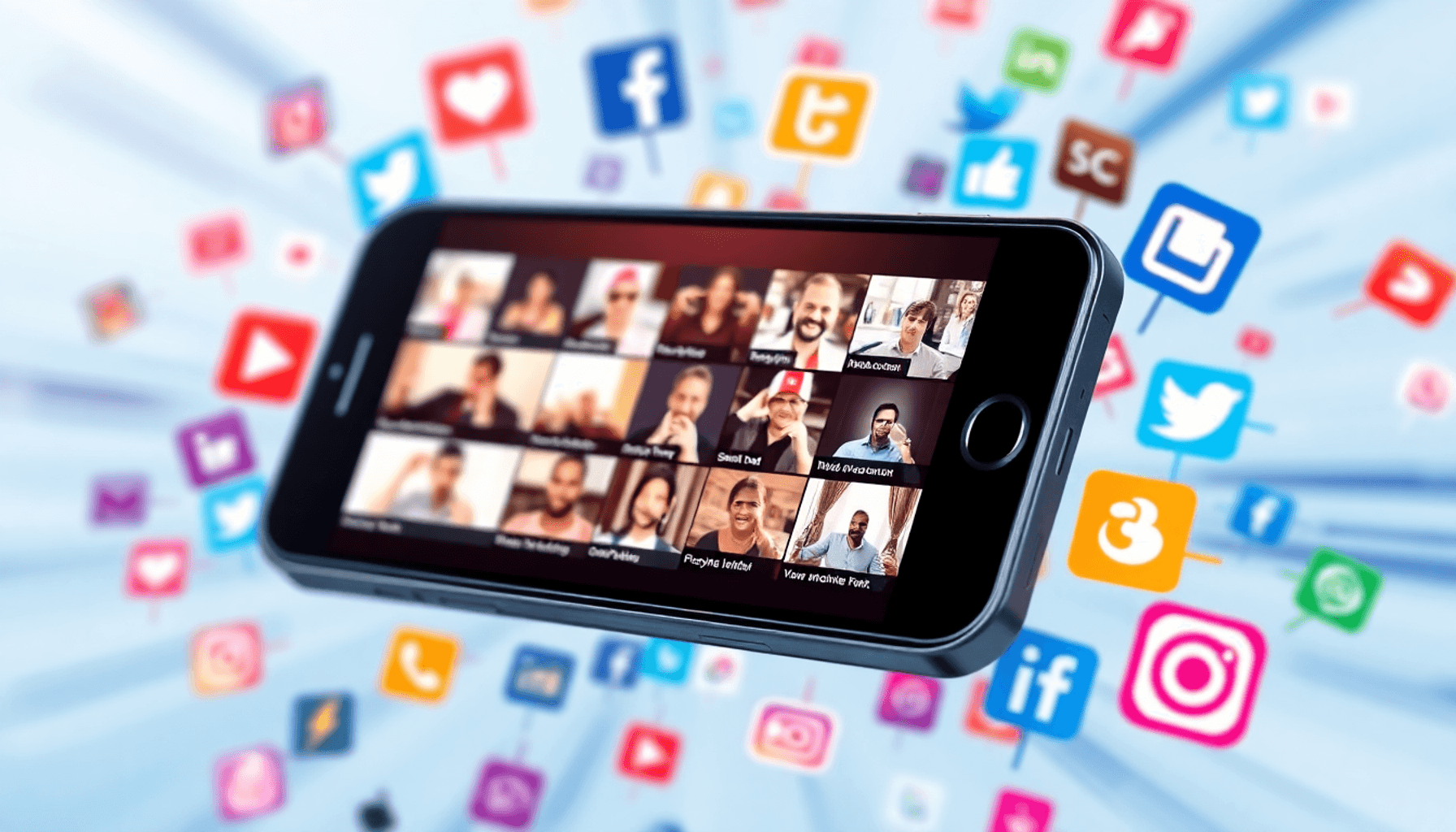 A smartphone shows video thumbnails, surrounded by colorful social media icons against a dynamic, modern background, illustrating the rise of video content in digital marketing.