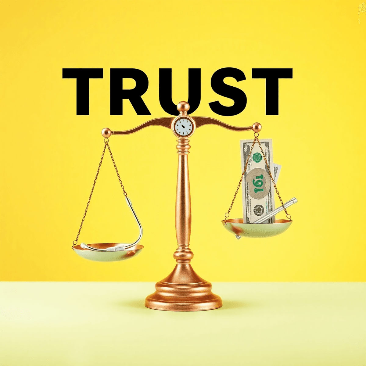 A balanced scale with a stethoscope on one side and dollar bills on the other, set against a bright background symbolizing health and finance.