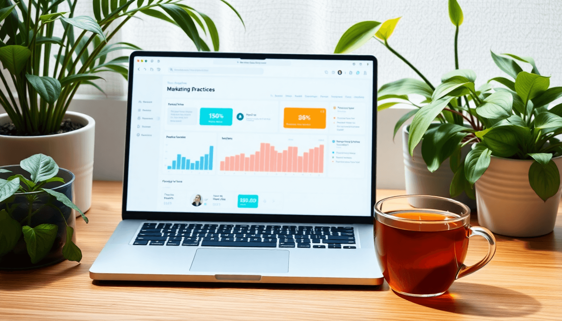 A tranquil workspace featuring a laptop displaying a marketing dashboard, surrounded by greenery and a cup of herbal tea, conveying mindfulness in marketing.