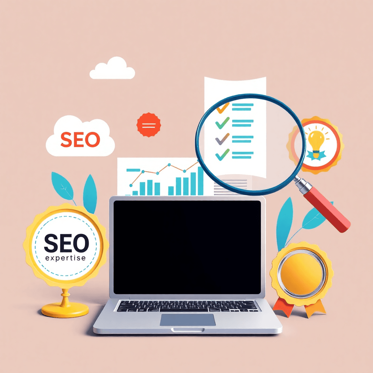 A modern digital scene featuring a laptop with SEO graphs, a magnifying glass on a checklist, and a trust badge, all in vibrant colors to symbolize expertise and professionalism.