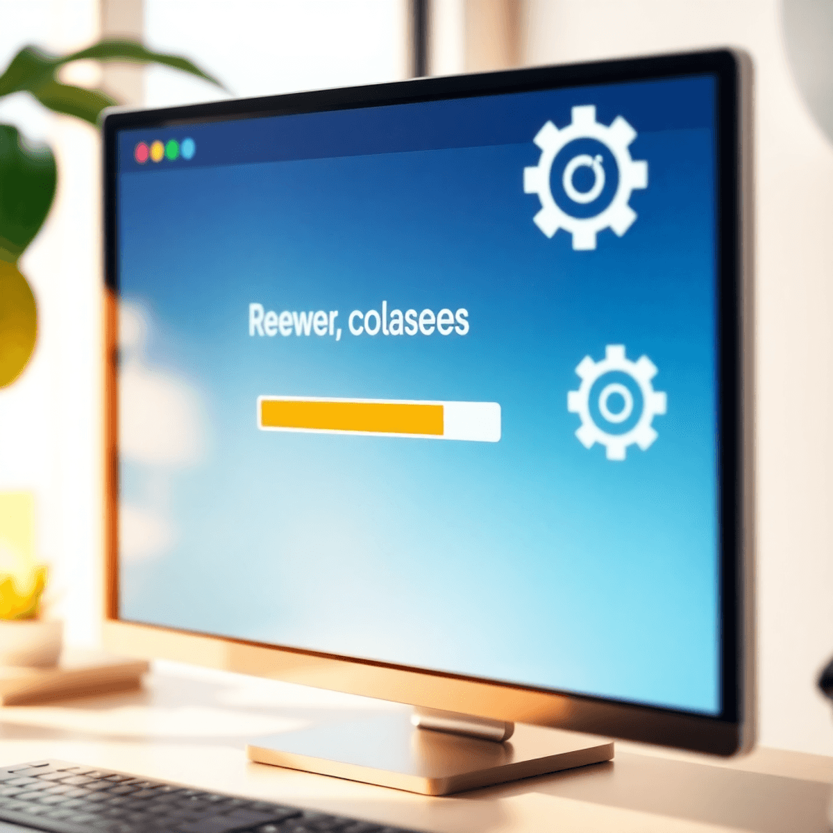 A computer screen shows a loading webpage with a progress bar, surrounded by symbols of speed and optimization like arrows and gears, set against a bright background.