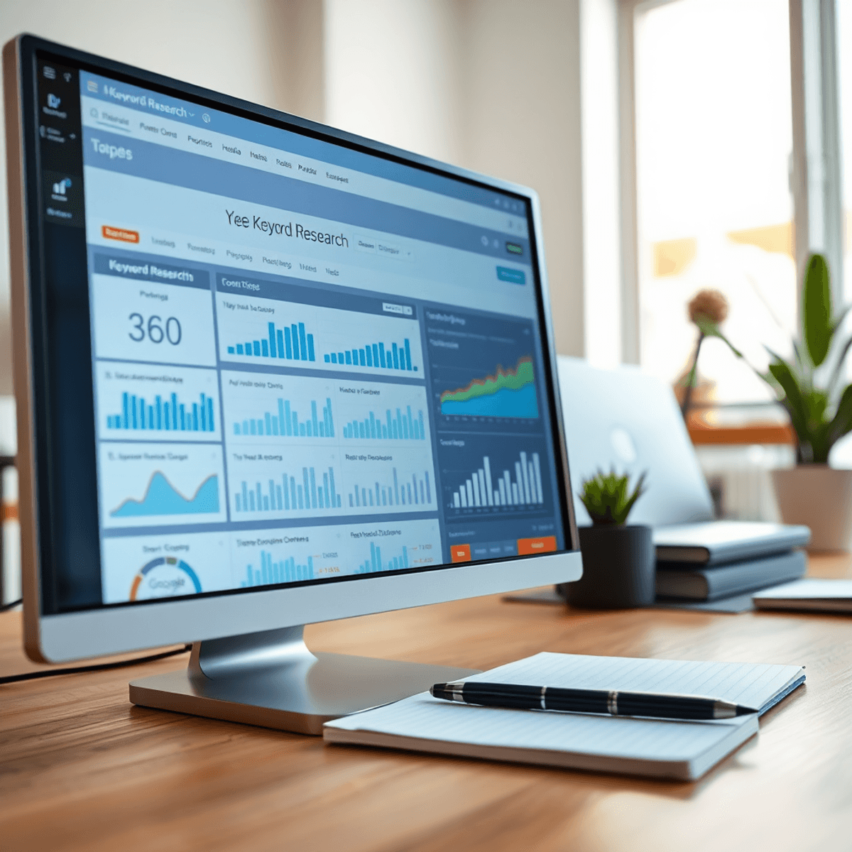 Close-up of a computer screen showing keyword research tools and graphs, with a notepad and pen nearby, set in a bright and inviting workspace.