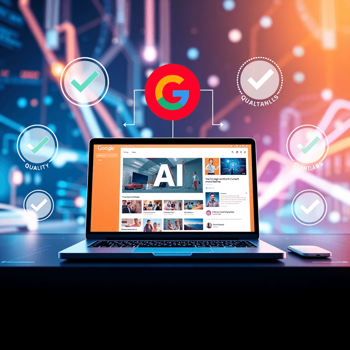 A futuristic digital workspace with a laptop showing AI-generated content, surrounded by checkmarks and the Google logo, set against abstract tech and creativity visuals.