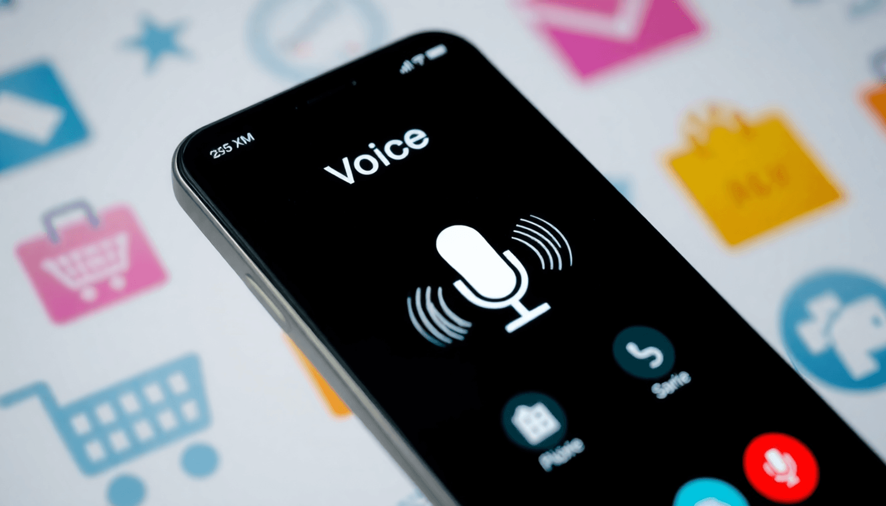 Close-up of a smartphone with a voice search interface and sound waves, set against a background of shopping elements like carts and product icons.