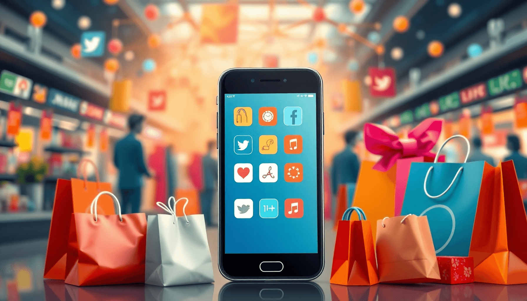 A lively digital marketplace with a smartphone showing social media icons, colorful shopping bags, and products shared online, set against a backdrop of abstract social networks.