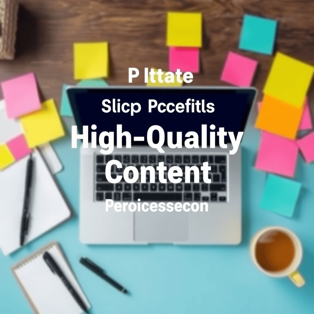 An open laptop on a desk with a notepad and pen, colorful sticky notes scattered around, and a cup of coffee, representing content creation for online success.