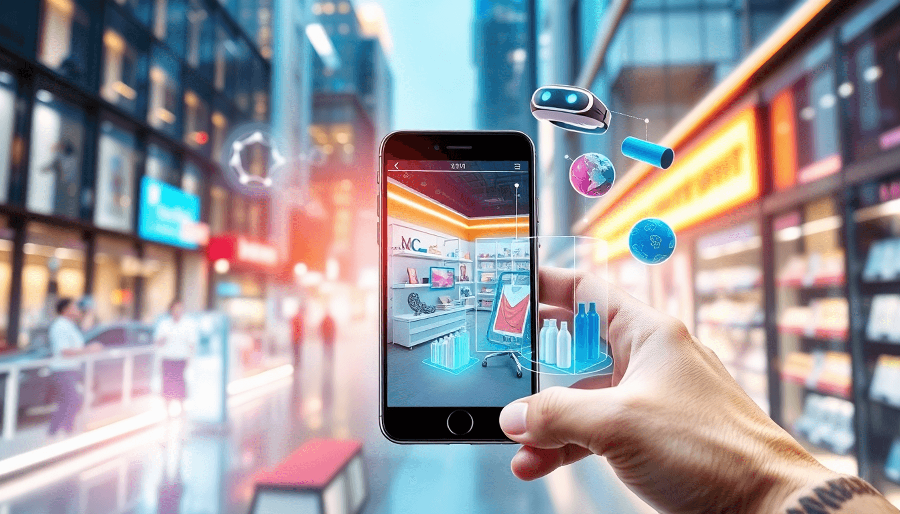 A futuristic marketing scene with a smartphone showing interactive 3D product graphics, VR headsets, and holograms, set against a modern city backdrop.