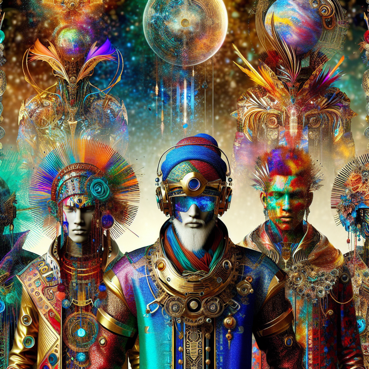 A group of vibrant avatars in unique and visually striking clothing, representing diverse fashion styles in a fantasy universe.