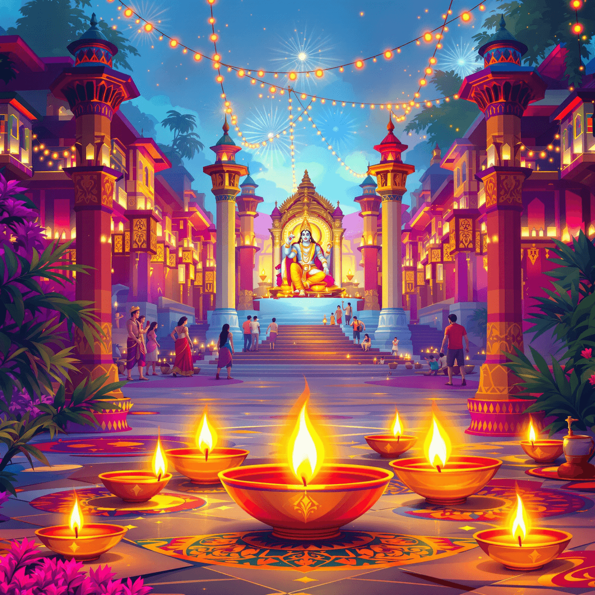 रंगीन दीपावली का दृश्य जिसमें चमकते हुए तेल के दीपक और सूक्ष्म रामायण के तत्व हैं, जो प्रकाश, विजय और सांस्कृतिक धरोहर का प्रतीक हैं, यथार्थवादी शैली में।