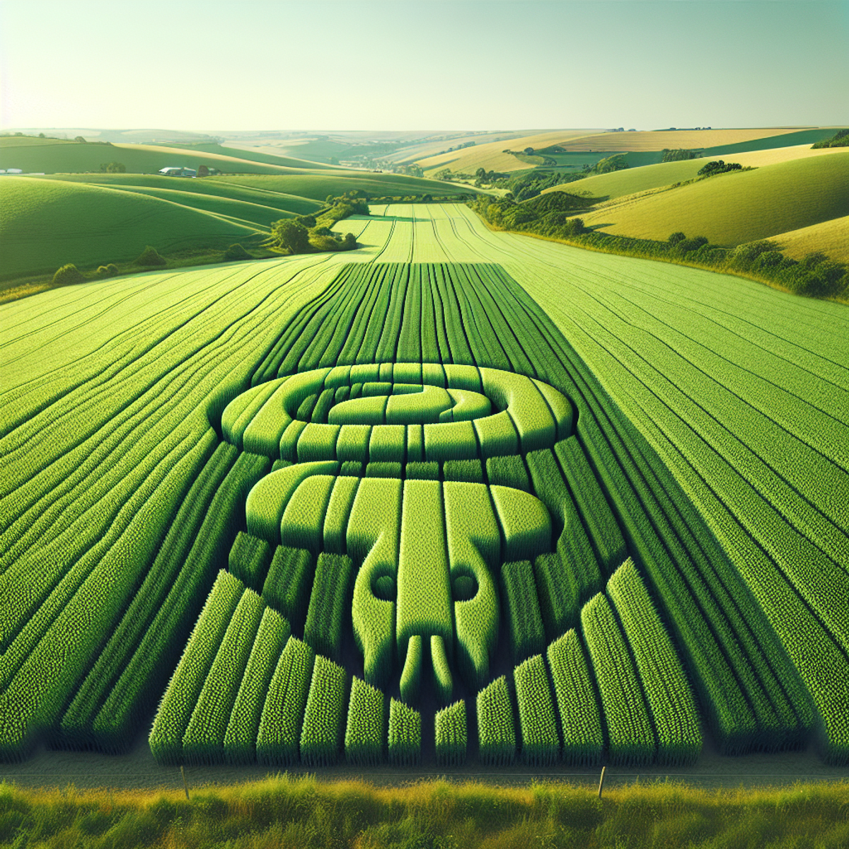 Aerial view of a green field with a Python logo crop formation.