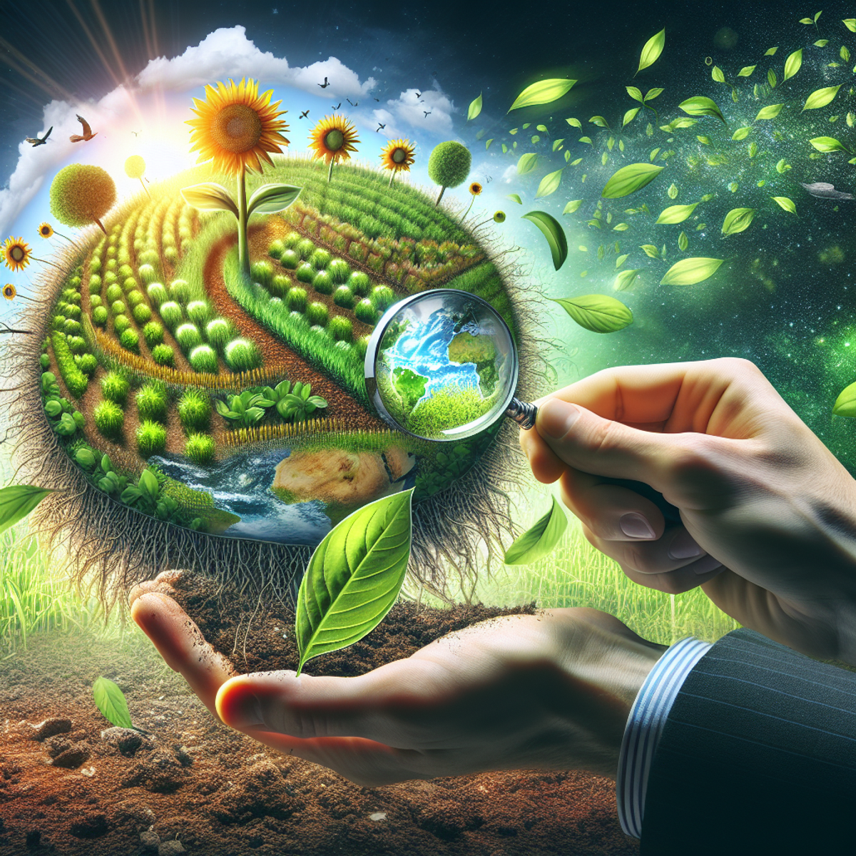 Person using magnifying glass to examine soil in eco-friendly world.