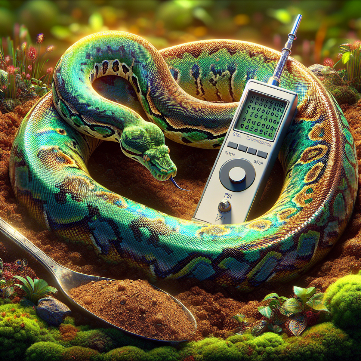 A large Python snake coiled around a scientific tool used for measuring soil pH level, symbolizing the power of Python programming language's libraries for efficient data analysis.