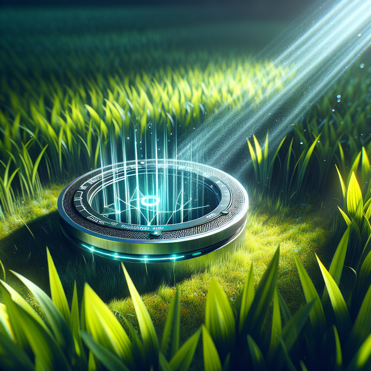 A modern soil sensor device in a vibrant green field.