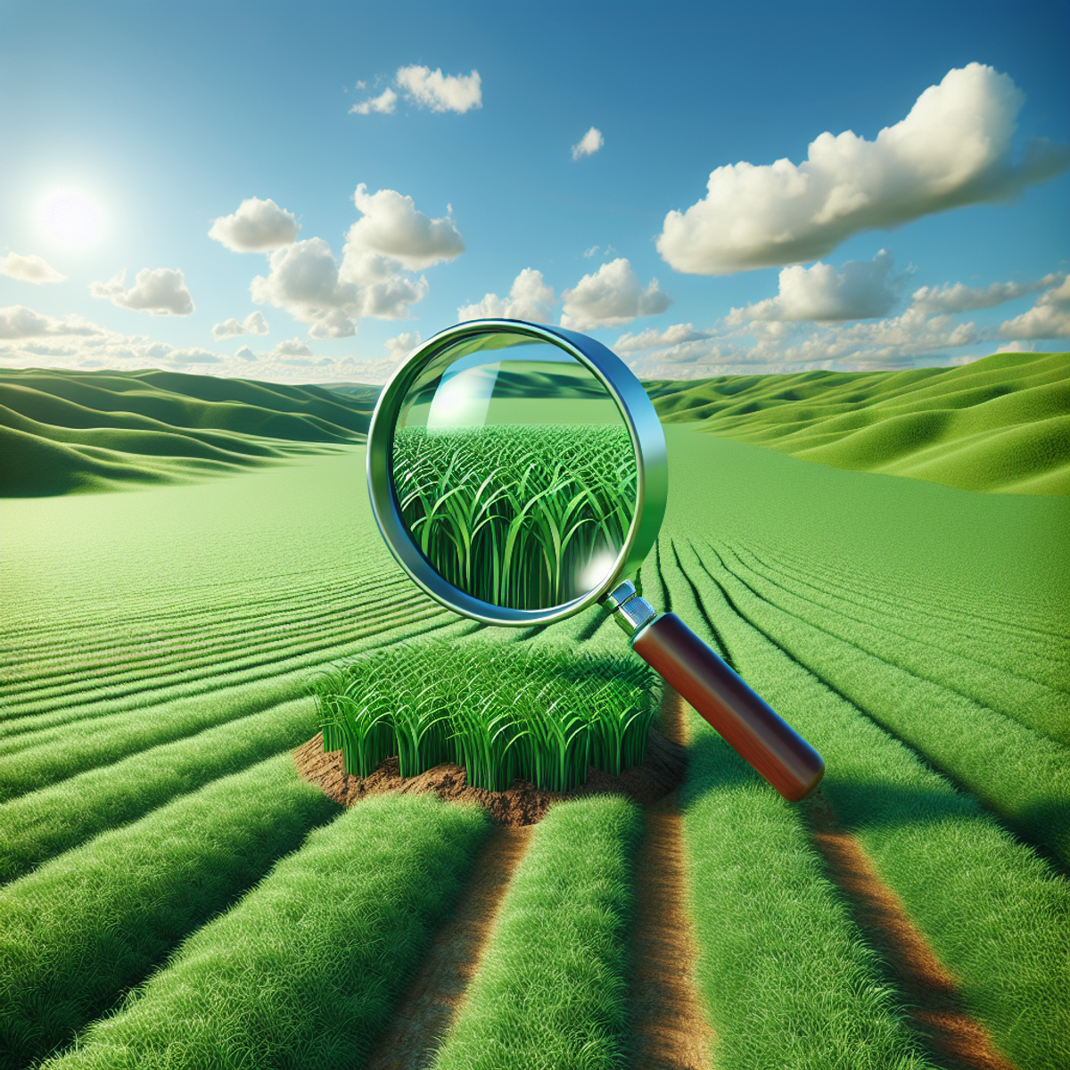 A magnifying glass hovering over a green field.
