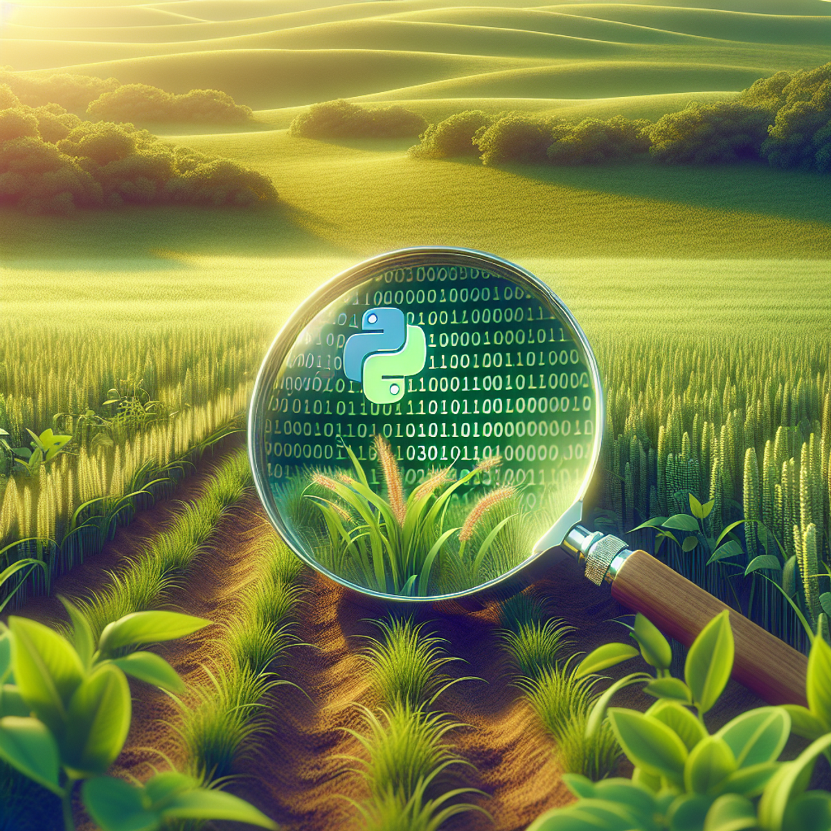 A vibrant, verdant field with a hovering magnifying glass representing the power of data analysis for soil pH measurements.