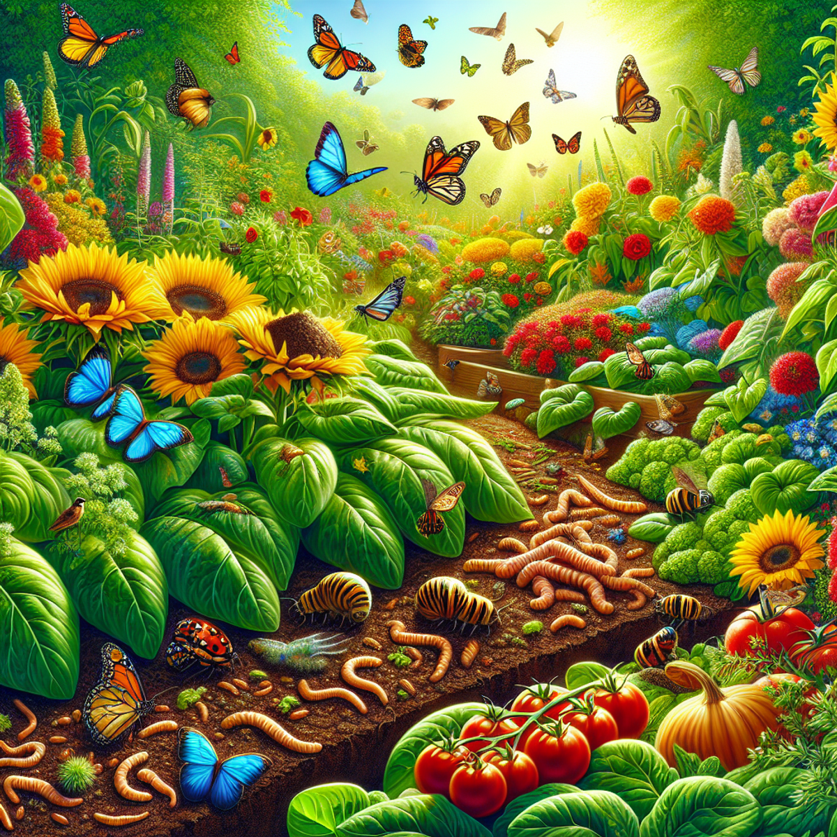 A garden teeming with sunflowers, marigolds, tomatoes, and spinach, with butterflies and hummingbirds flitting about. Ladybugs crawl on leaves, earthworms near the soil surface, and bumblebees pollinate flowers.