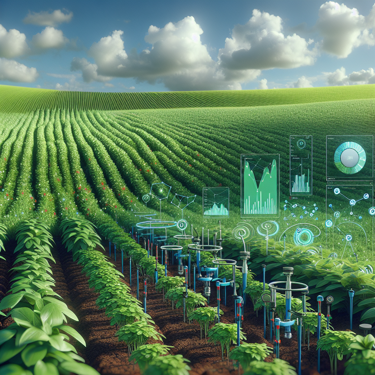 Aerial view of a lush green crop field with soil monitoring equipment and data visualizations.