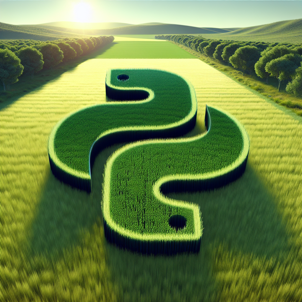 A lush green field with a subtle serpent-like figure representing the Python programming language, reflecting its impact on soil health monitoring techniques.