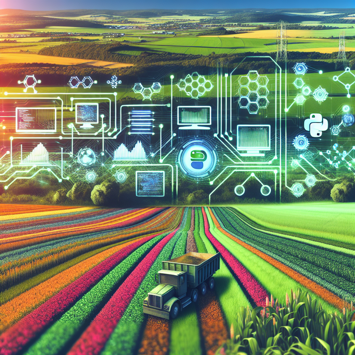 A lush field with modern soil analysis equipment and Python programming symbols on display.