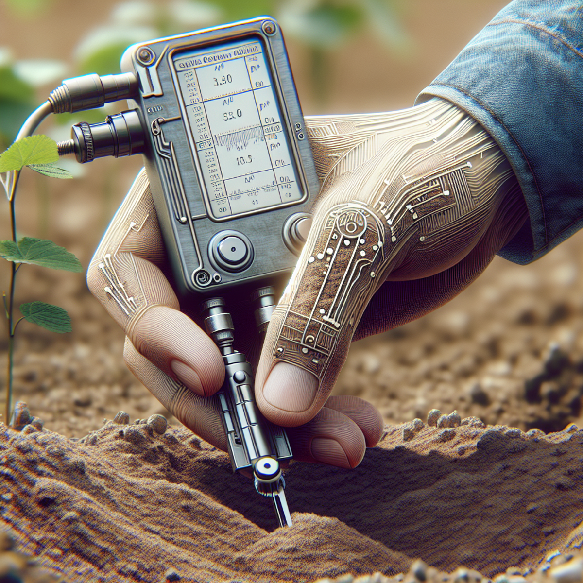 A hand holding a soil pH sensor outdoors.
