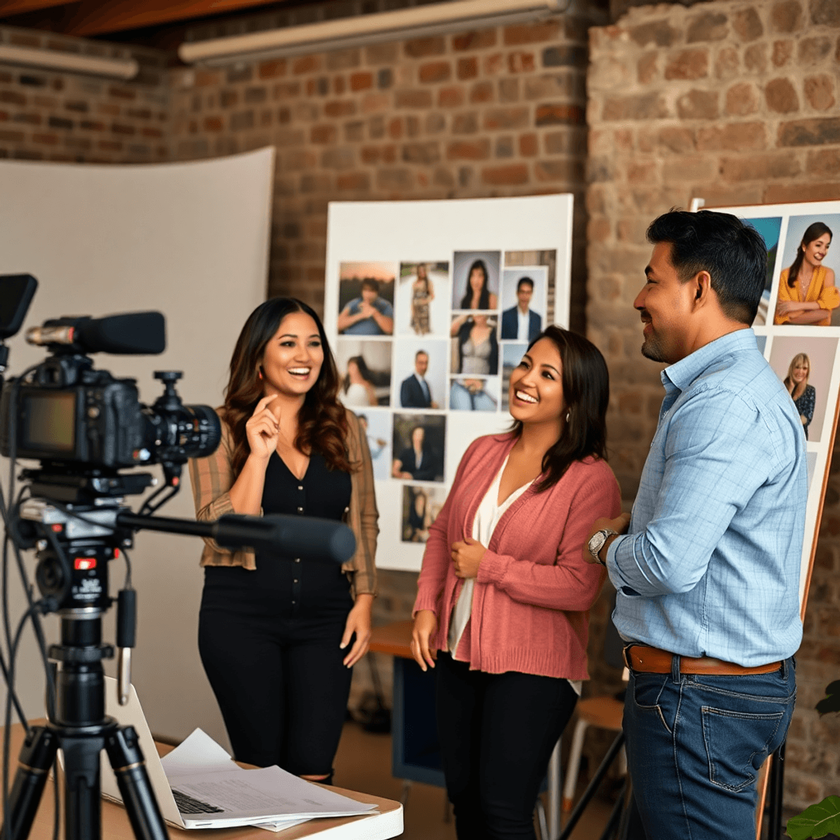 9 Expert Tips for Capturing Stunning Partner Photography A professional photographer consults with a smiling couple, discussing preferences amidst photography equipment and mood boards in a warm, well-lit setting.