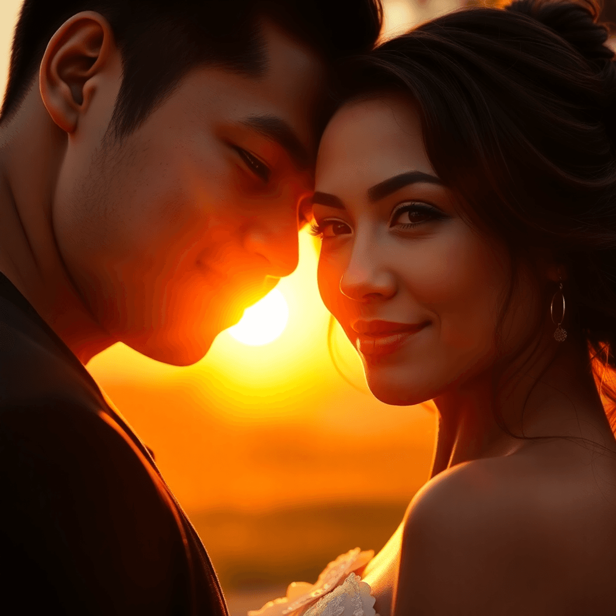 9 Expert Tips for Capturing Stunning Partner Photography A couple enjoying a beautiful sunset, bathed in golden light with soft shadows on their faces, set against a warm gradient of orange and pink hues.