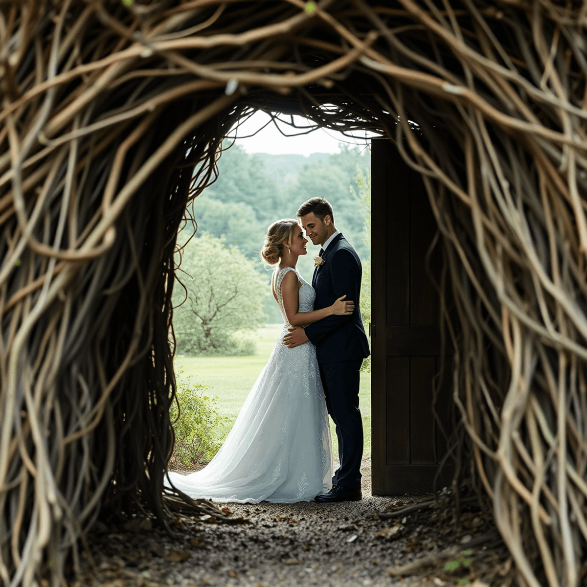 9 Expert Tips for Capturing Stunning Partner Photography A couple stands in an archway of branches, framed beautifully with leading lines and balanced elements, creating a harmonious and artistic photograph.