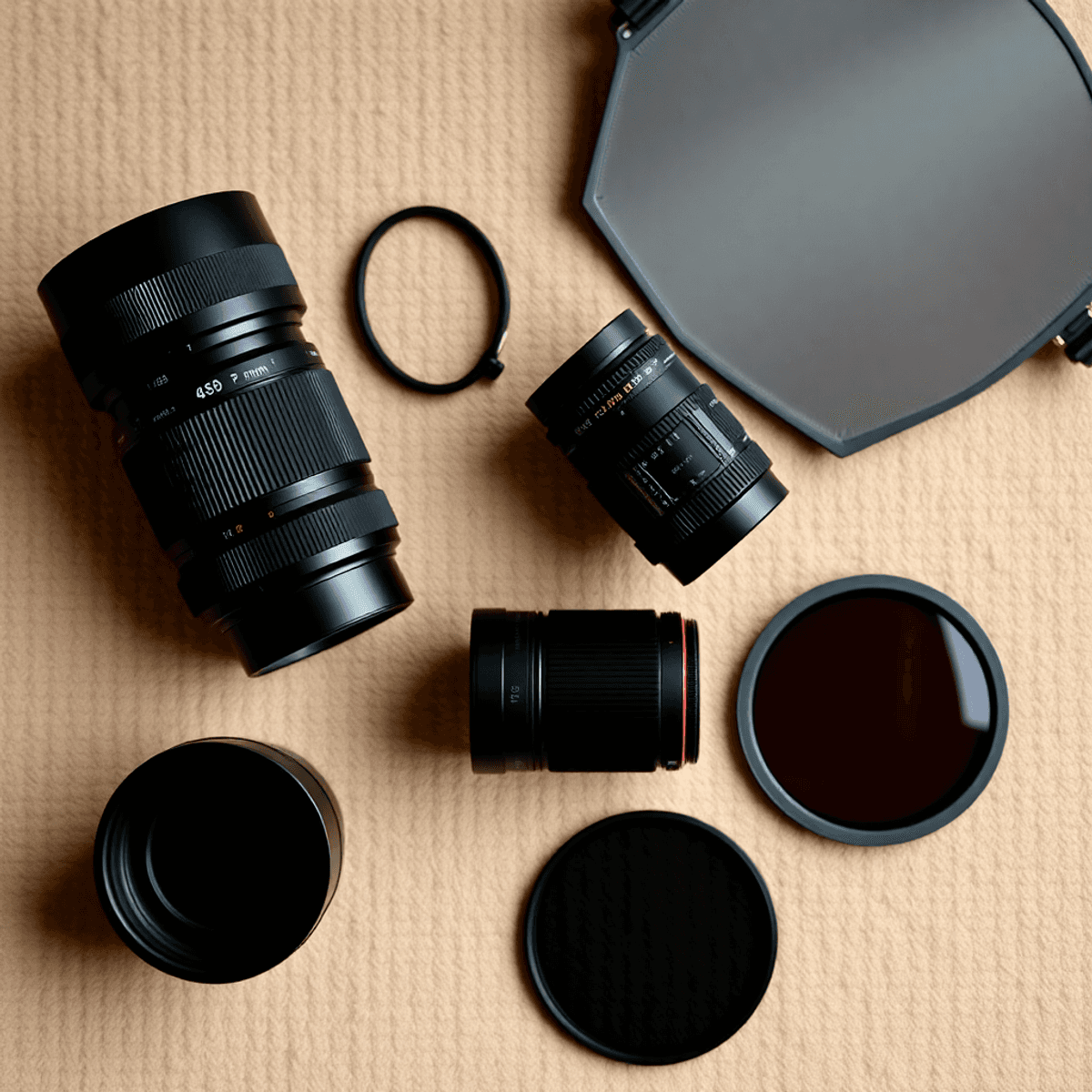 9 Expert Tips for Capturing Stunning Partner Photography Flat lay of essential photography gear, including an 85mm prime lens, 24-70mm zoom lens, reflector, and ND filters, arranged on a textured surface with soft natural lighting.