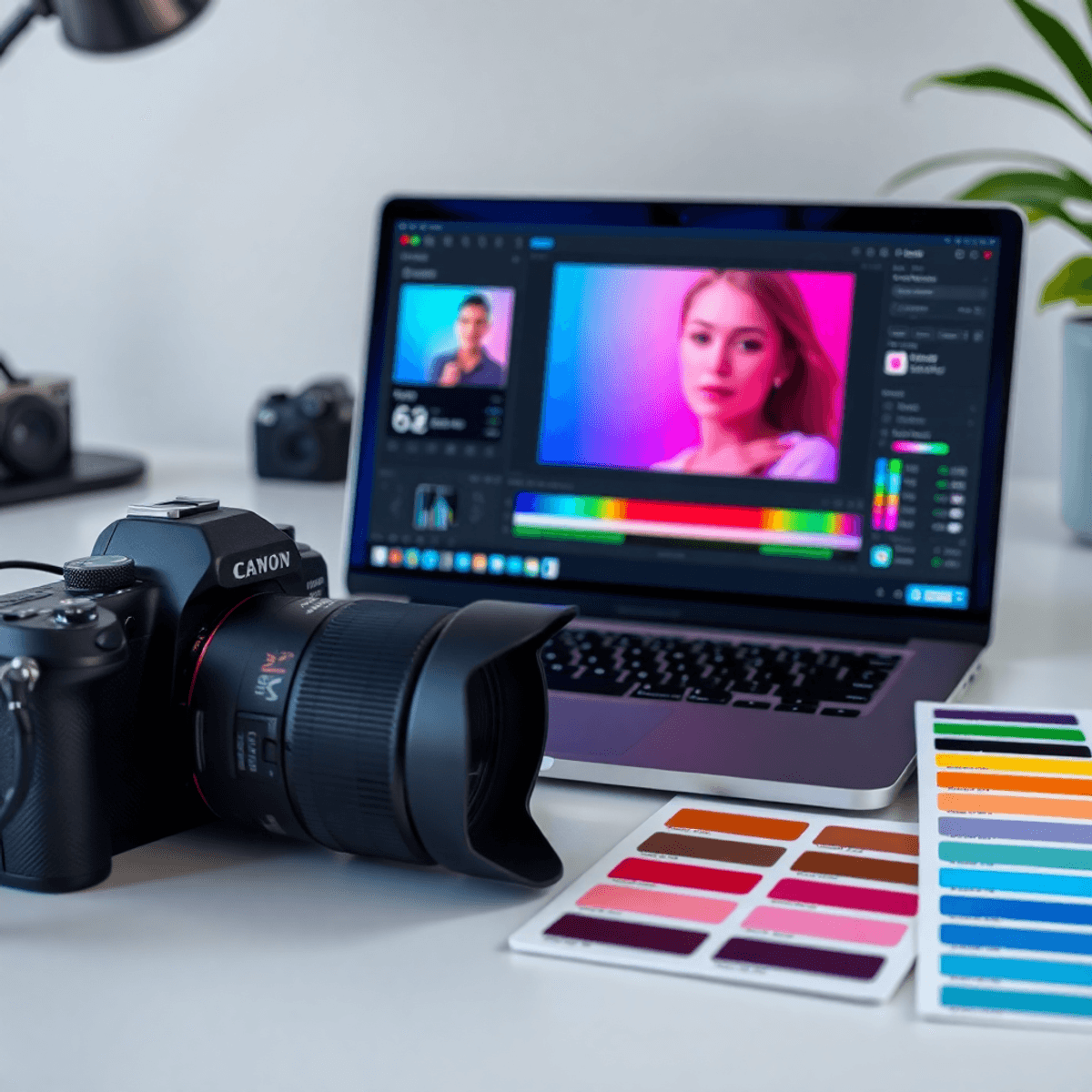 9 Expert Tips for Capturing Stunning Partner Photography A modern workspace showcasing a professional camera, a laptop with photo editing software, and a color palette, exuding creativity and professionalism.