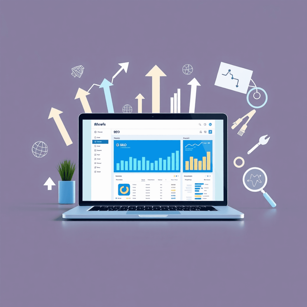 A modern digital workspace featuring a laptop with the Ahrefs dashboard, surrounded by SEO symbols like arrows, graphs, and magnifying glasses, set against a clean background.