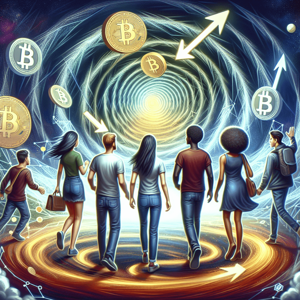 A diverse group of individuals representing different descents stand amidst a whirlpool of abstract cryptocurrency symbols and arrows swirling around.