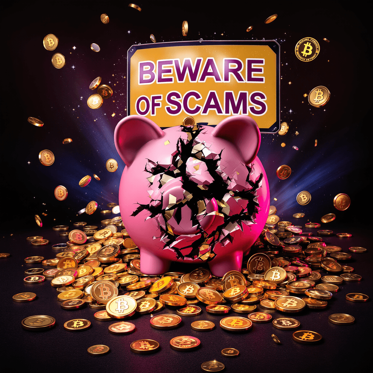 A broken piggy bank surrounded by cryptocurrency coins, with a bold "Beware of Scams" sign in the background, highlighting caution in digital investments.