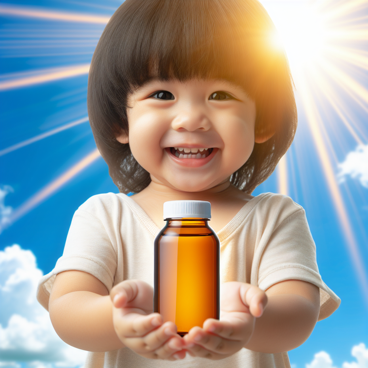 A young South Asian child happily holding a label-less vitamin bottle against a bright, sunny background.