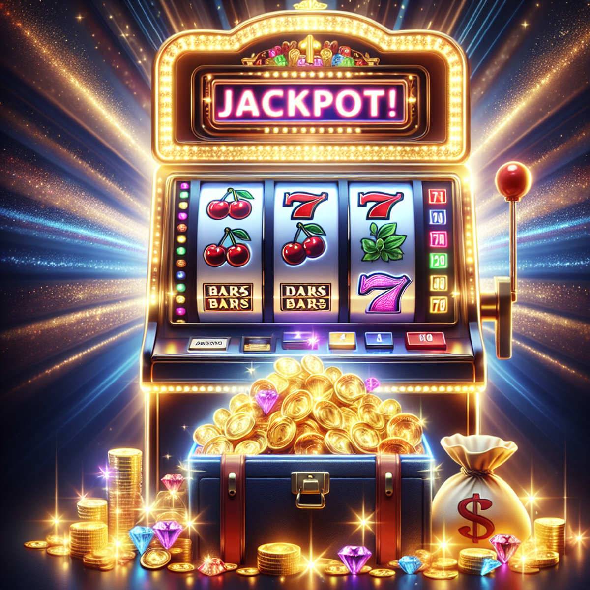 A bright and captivating slot machine with glowing cherries, bars, and 7s as symbols, framed by dazzle and glow, and an overflowing chest of gold coins and glittering gems at the top.