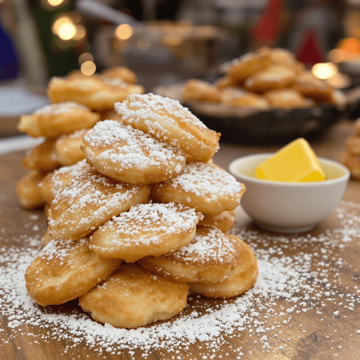 Teks: "Close-up poffertjes berbulu lembut berwarna cokelat keemasan yang ditumpuk di atas meja kayu rustic, ditaburi gula bubuk, disertai dengan mangkuk berisi mentega leleh.